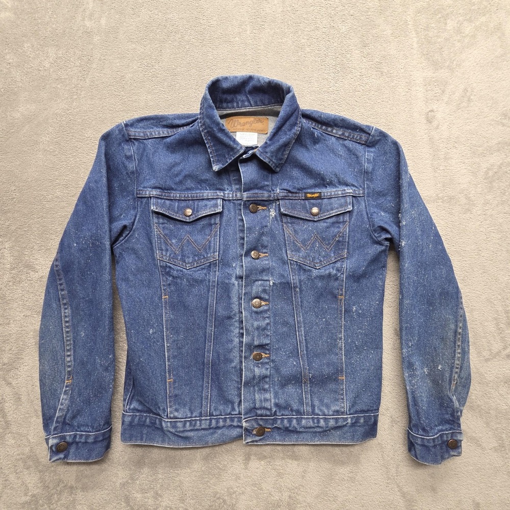 Wrangler Jacket Mens S Blue Denim Bomber Collared Button Pockets Distressed